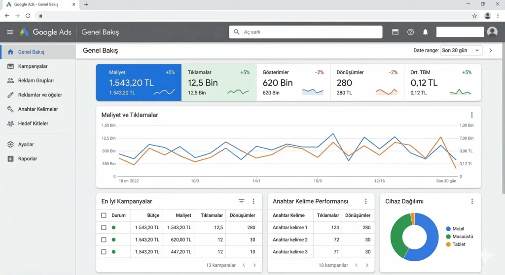 Google Ads kontrol paneli kampanya yönetim ekranı