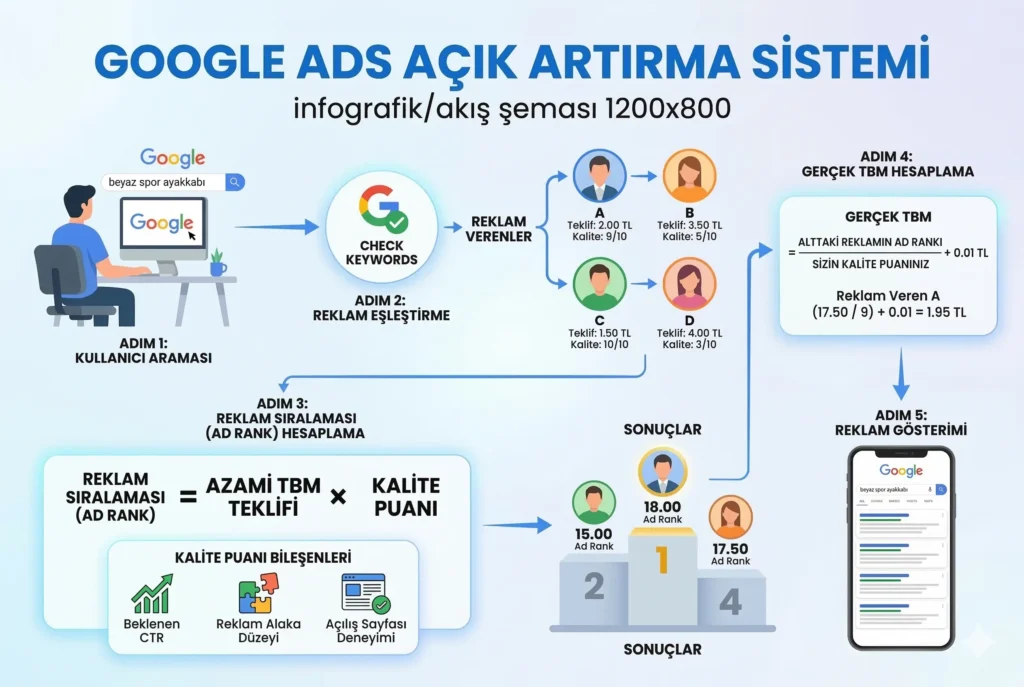 Google Ads açık artırma sistemi nasıl çalışır infografik