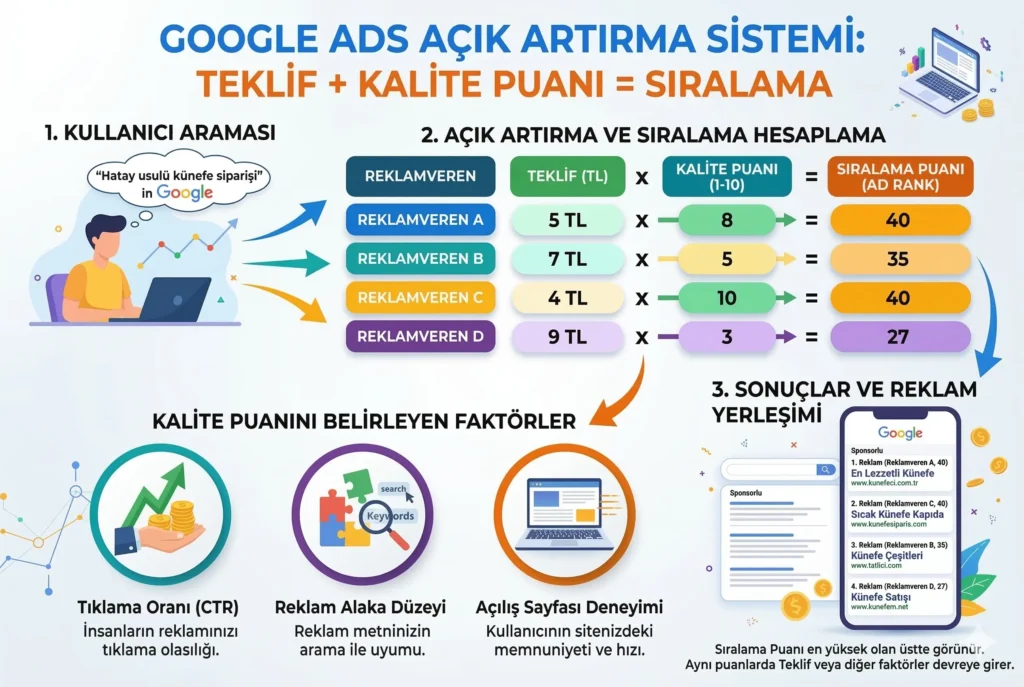 Google Ads Nedir? Nasıl Çalışır? (Yeni Başlayanlar İçin 2026 Rehberi) 3 Google Ads açık artırma sistemi nasıl çalışır teklif kalite puanı sıralama infografik
