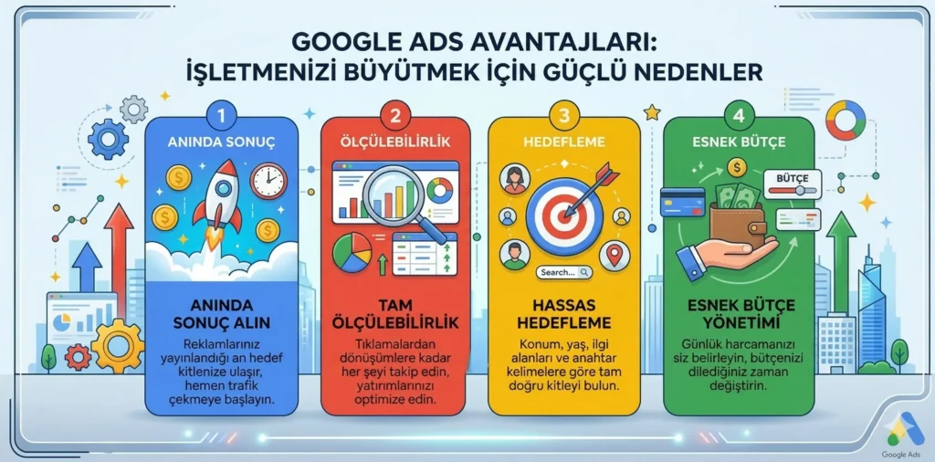 Google Ads Nedir? Nasıl Çalışır? (Yeni Başlayanlar İçin 2026 Rehberi) 5 Google Ads avantajları anında sonuç ölçülebilirlik hedefleme esnek bütçe