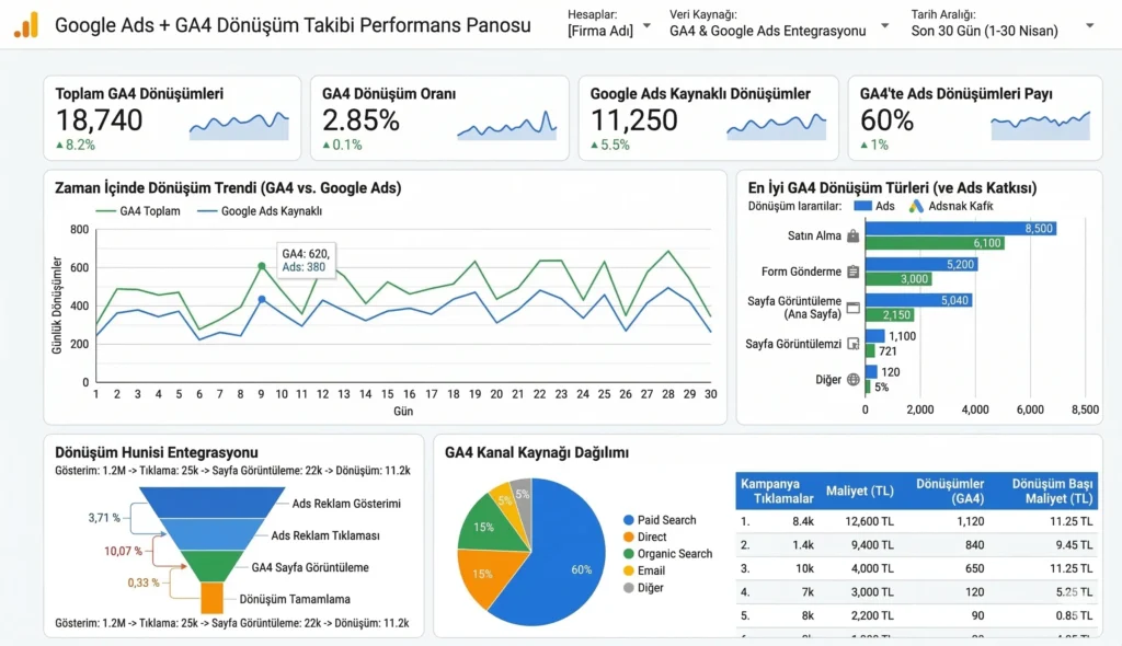 Google Ads dönüşüm takibi GA4 entegrasyon performans raporu