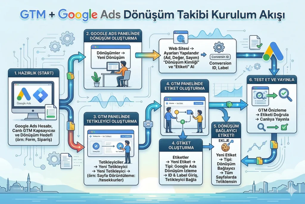 Google Ads Hesap Açma ve İlk Kampanya Kurulumu (Adım Adım 2026 Rehberi) 3 Google Ads dönüşüm takibi kurulumu Google Tag Manager adımları