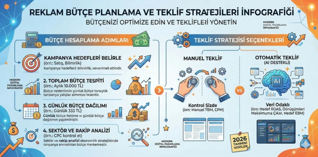 Google Ads Hesap Açma ve İlk Kampanya Kurulumu (Adım Adım 2026 Rehberi) 5 Google Ads günlük bütçe hesaplama teklif stratejisi başlangıç rehberi