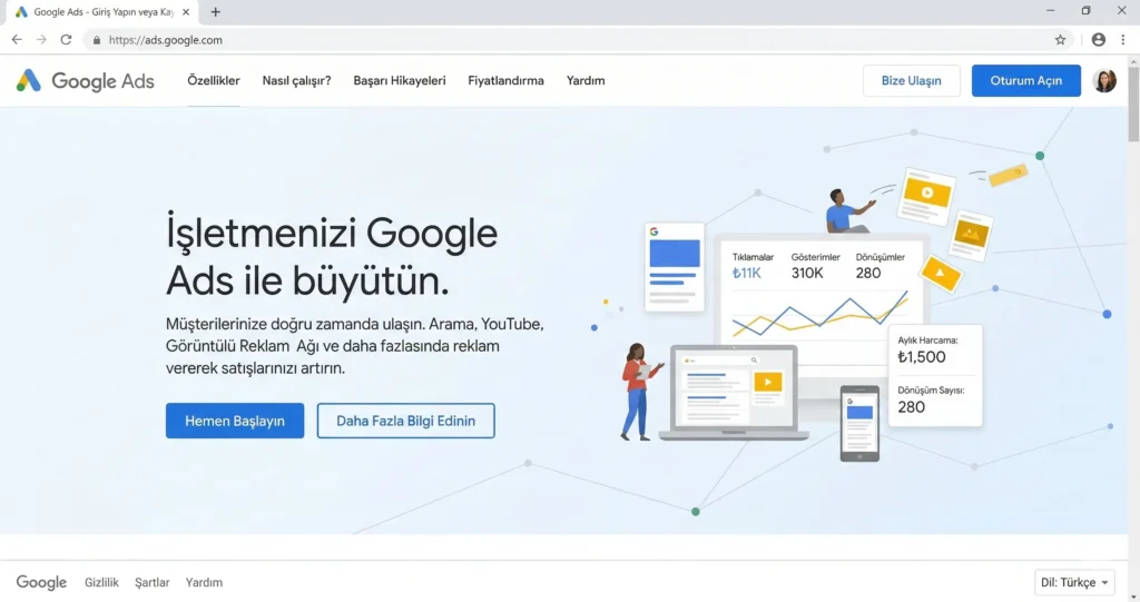 Google Ads Hesap Açma ve İlk Kampanya Kurulumu (Adım Adım 2026 Rehberi) 1 Google Ads hesap açma giriş sayfası ads google com 2026