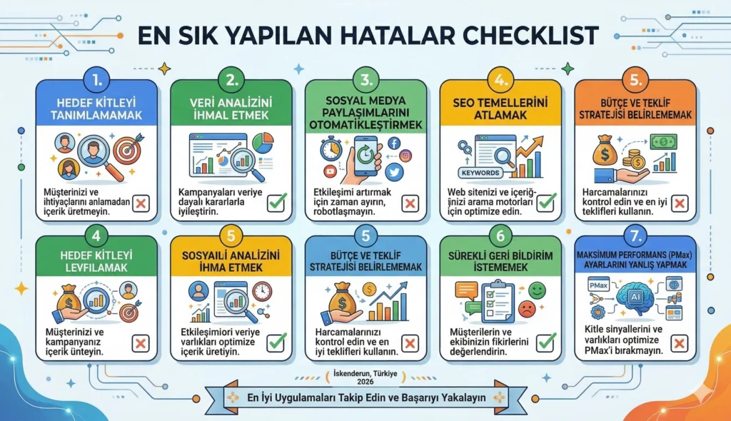 Google Ads Hesap Açma ve İlk Kampanya Kurulumu (Adım Adım 2026 Rehberi) 6 Google Ads hesap açma sık yapılan hatalar ve çözümleri kontrol listesi