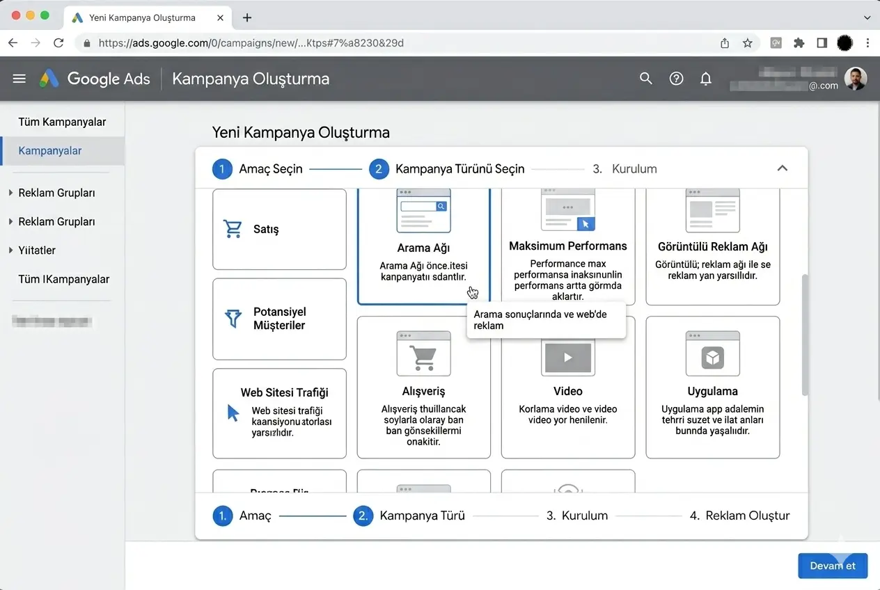 Google Ads ilk kampanya kurulumu kampanya olusturma adimlari ekrani