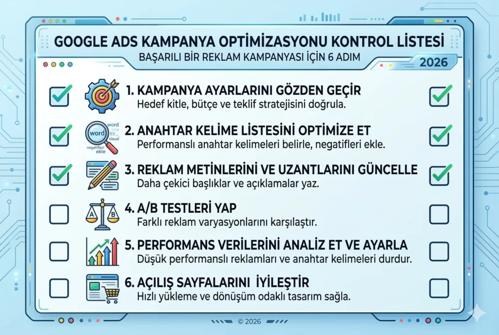 Google Ads kampanya optimizasyonu kontrol listesi 2026