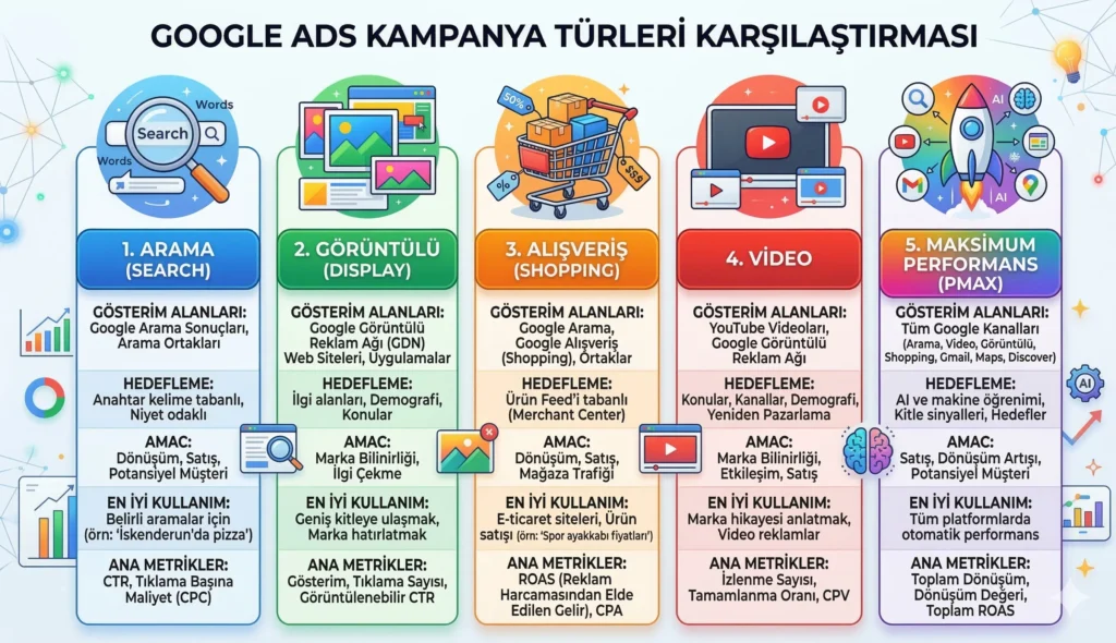 Google Ads Nedir? Nasıl Çalışır? (Yeni Başlayanlar İçin 2026 Rehberi) 4 Google Ads kampanya türleri arama display shopping video pmax karşılaştırma