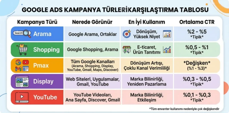 Google Ads kampanya turleri karsilastirma tablosu arama shopping PMax display YouTube
