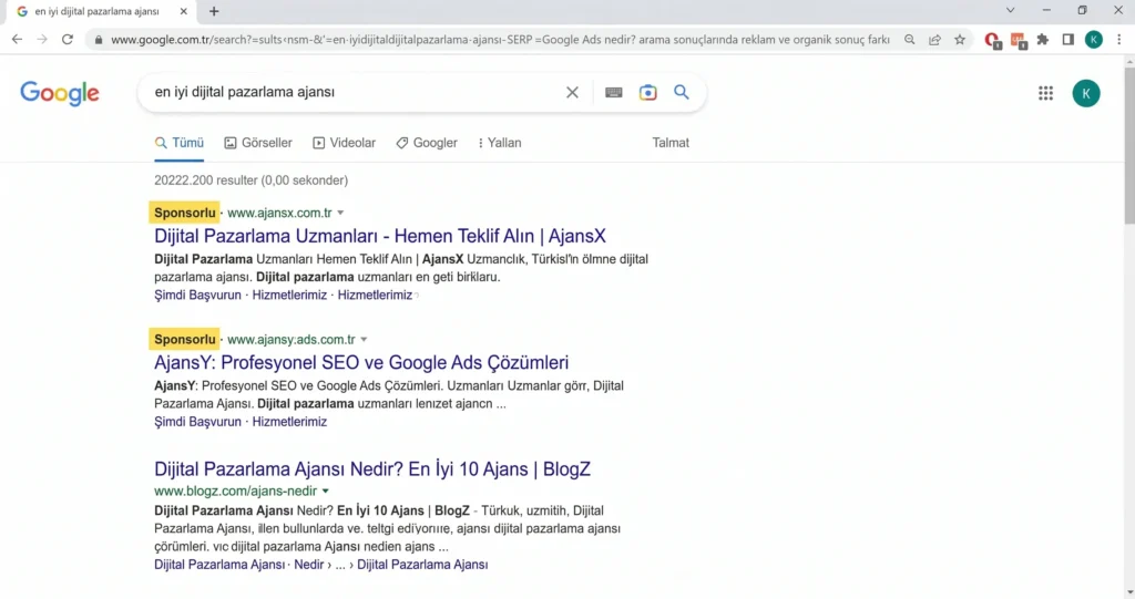 Google Ads Nedir? Nasıl Çalışır? (Yeni Başlayanlar İçin 2026 Rehberi) 1 Google Ads nedir arama sonuçlarında reklam ve organik sonuç farkı