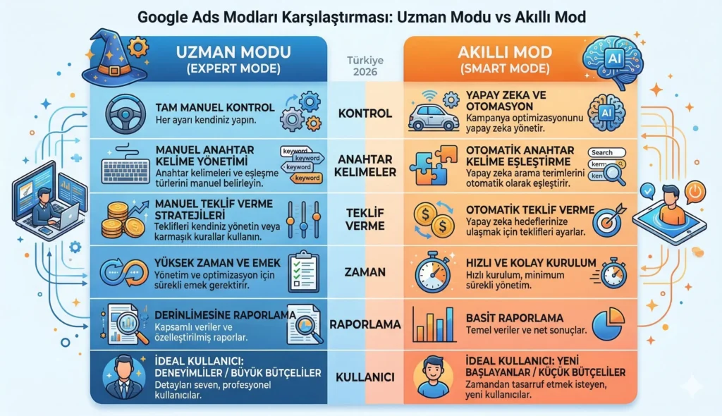 Google Ads Hesap Açma ve İlk Kampanya Kurulumu (Adım Adım 2026 Rehberi) 2 Google Ads uzman modu akıllı mod farkı karşılaştırma