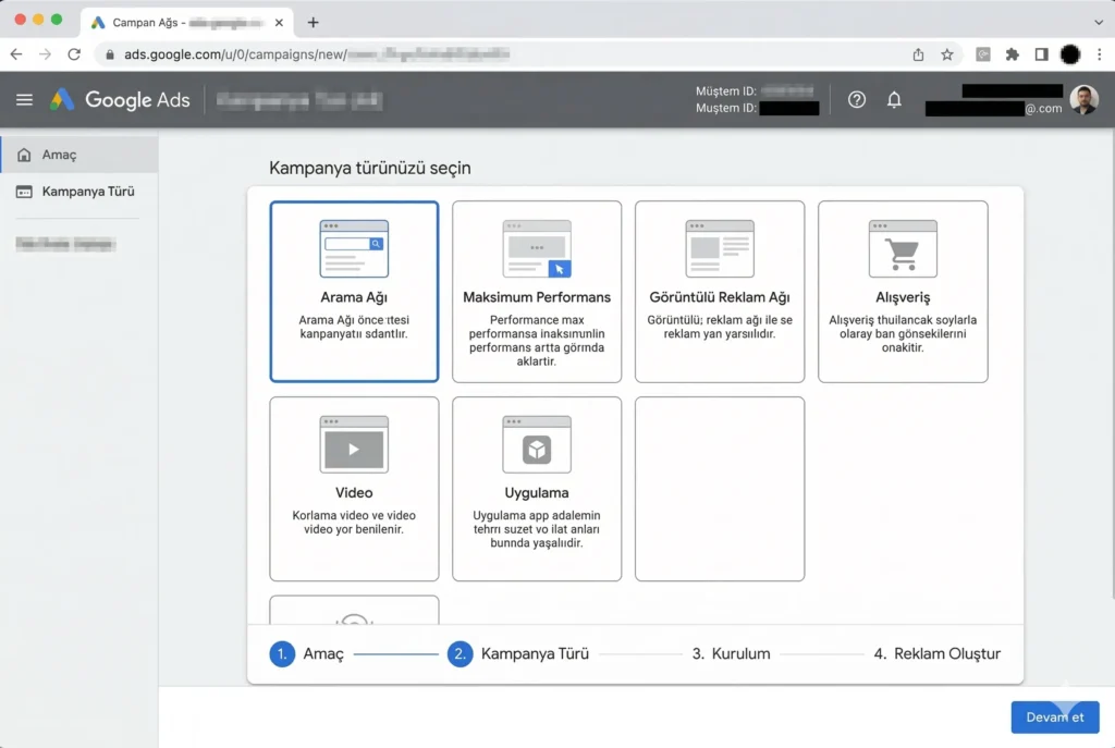 Google Ads yeni kampanya kurulumu adımları ekran görüntüsü