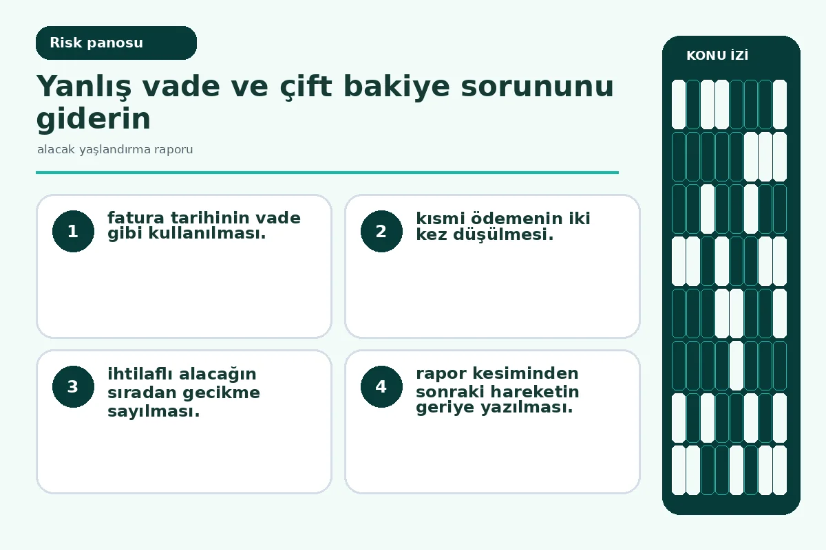 alacak yaşlandırma raporu: 7 Güvenli Kontrolü 5 yanlış vade ve çift ödeme eşlemesini gösteren kalite ekranı.