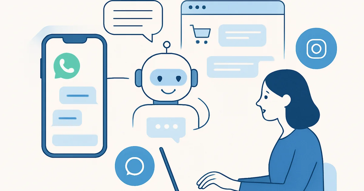 7 Etkili Adımda e-ticaret chatbot Senaryoları 1 Featured: e-ticaret chatbotunun WhatsApp, web sohbet ve Instagram DM üzerinden çok kanallı genel akışını gösteren kompozisyon.