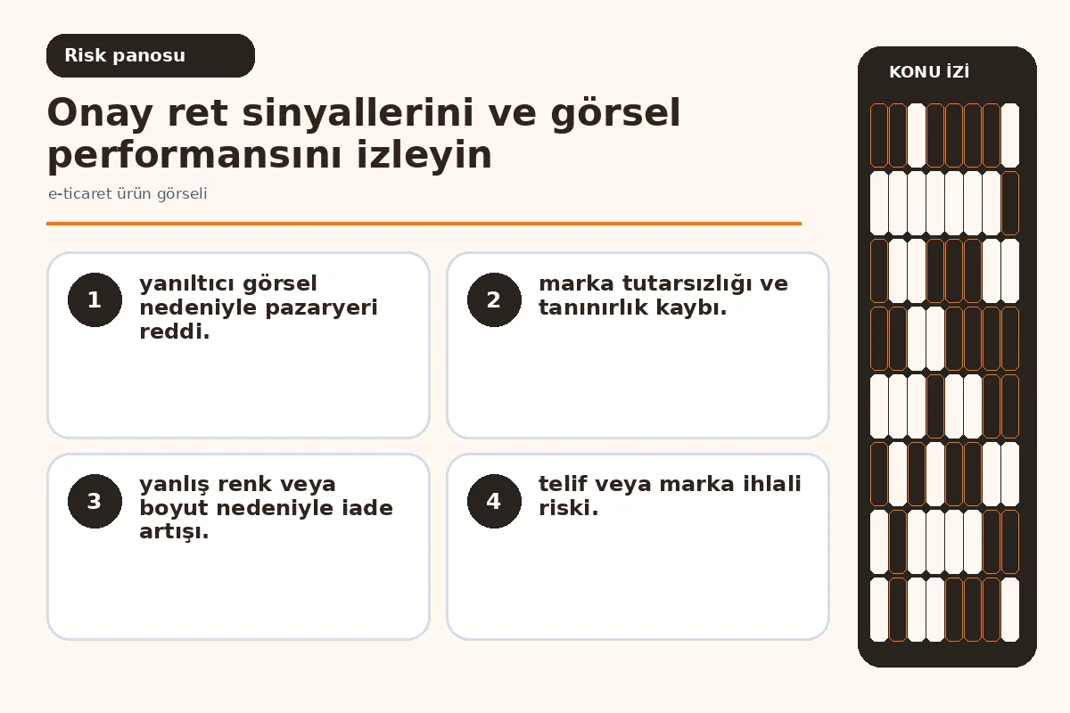 Pratik 7 Adımda e-ticaret ürün görseli Üretim Kontrolü 5 Sık görülen ret nedenlerini gösteren risk görseli.