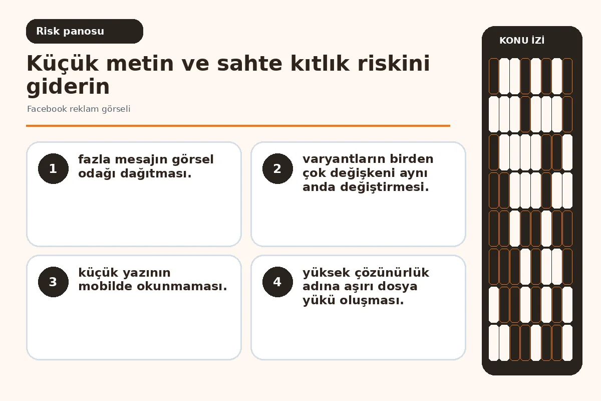 Facebook reklam görseli için 7 güvenli karar adımı 5 küçük metin ve çok değişkenli test uyarılarını gösteren kalite ekranı.
