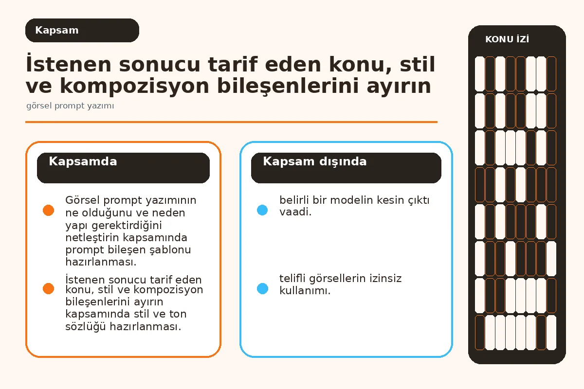 Görsel Prompt Yazımı: 7 Etkili Adımda Net Sonuçlar 2 Inline scope: konu, stil, kompozisyon ve format bileşenlerini ayıran kavram şeması.