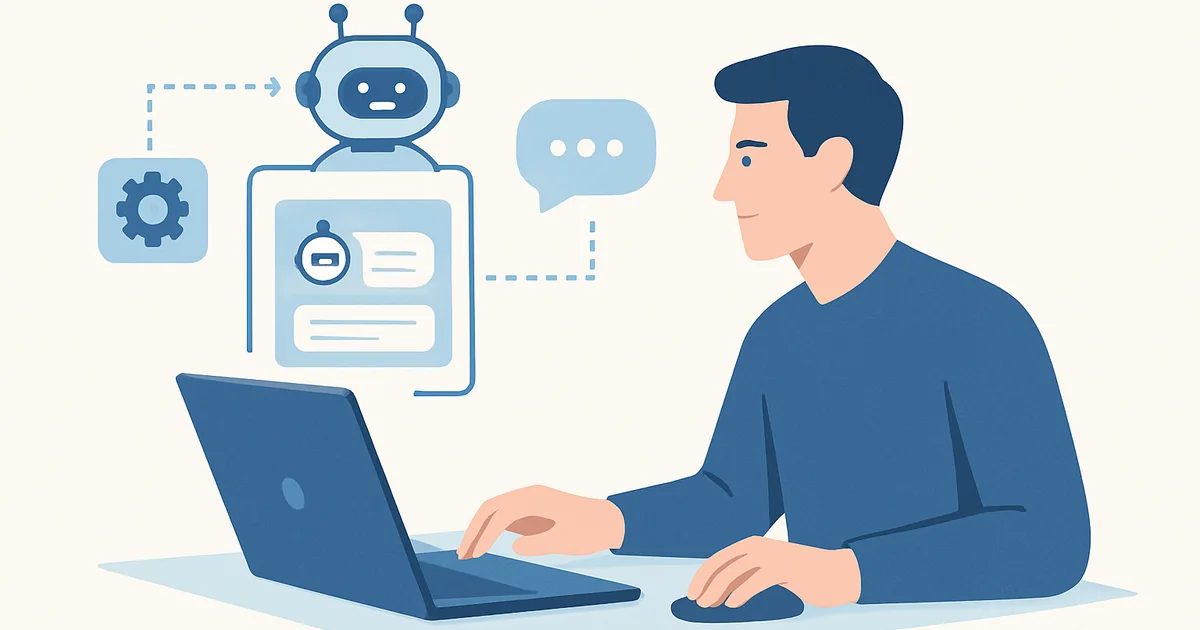 Pratik 7 Adımda Chatbot Nasıl Kurulur? (İşletmeler İçin) 1 Teknik bilgisi olmayan bir işletme sahibinin chatbot kurulum akışını uçtan uca gösteren genel illüstrasyon (featured).