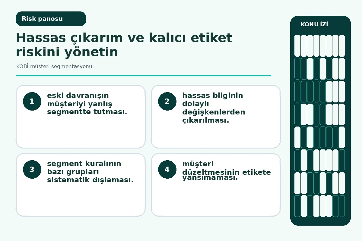 KOBİ Müşteri Segmentasyonu: 7 Güvenli Karar Adımı 5 kalıcı etiket ve hassas çıkarım uyarılarını gösteren denetim ekranı.