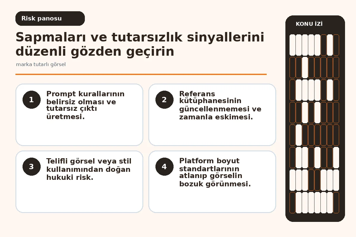 Marka Tutarlı Görsel Üretimi için 7 Etkili Adım 5 Tutarsız çıktı ve telif risklerini özetleyen uyarı görseli.