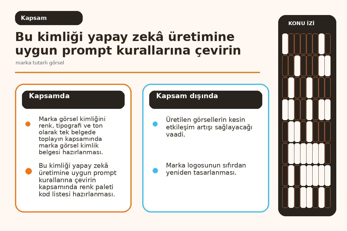 Marka Tutarlı Görsel Üretimi için 7 Etkili Adım 2 Marka görsel kimlik belgesinin bileşenlerini gösteren kapsam diyagramı.
