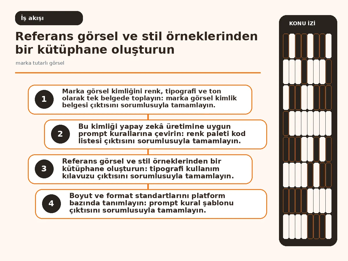 Marka Tutarlı Görsel Üretimi için 7 Etkili Adım 3 Kimlikten prompt kuralına ve üretime uzanan adım adım iş akışı görseli.