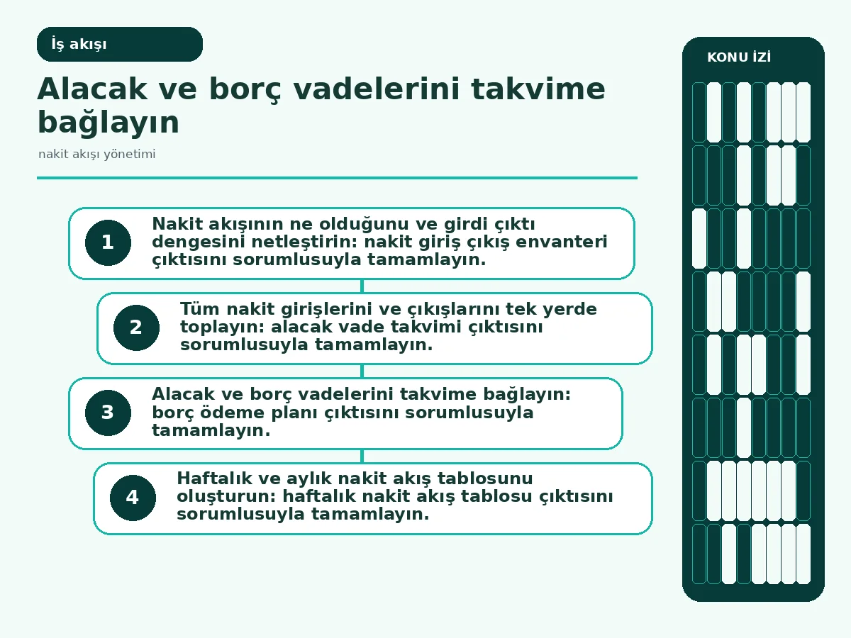 Restoranınız İçin 7 Etkili Nakit Akışı Yönetimi Adımı 3 Haftalık nakit akışı takip adımlarının iş akışı görseli (inline workflow).