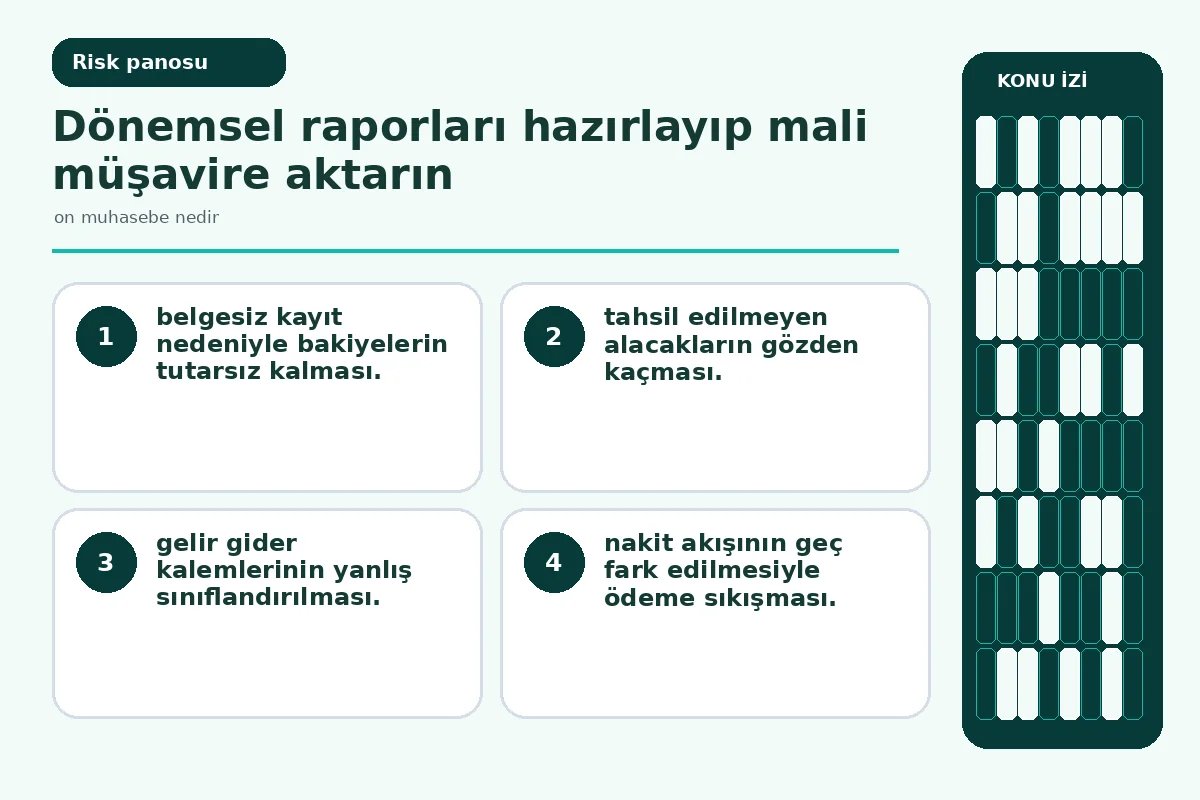 Ön Muhasebe Nedir? İşletmen İçin 7 Pratik Adım 5 tahsilat gecikmesi ve nakit sıkışması risk uyarı görseli.