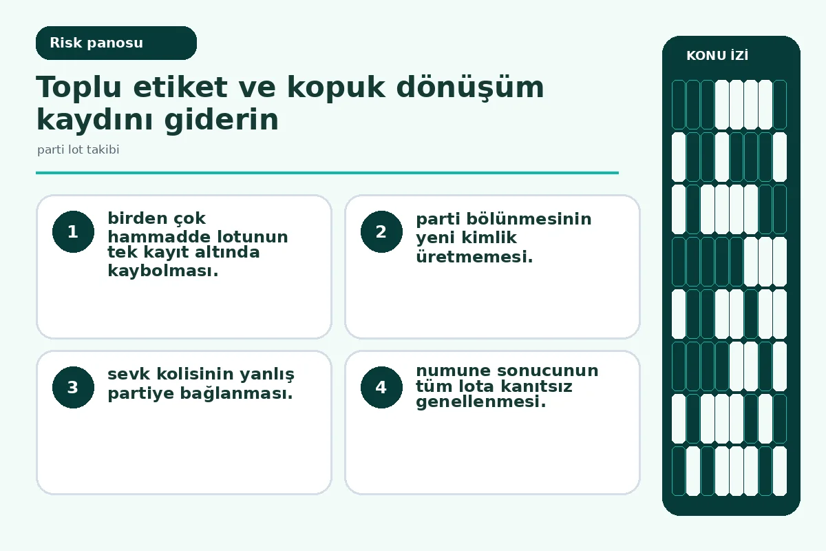 parti lot takibi: 7 güvenli izlenebilirlik adımı 5 kopuk lot bağlantısı ve yanlış koli eşlemesini gösteren denetim ekranı.