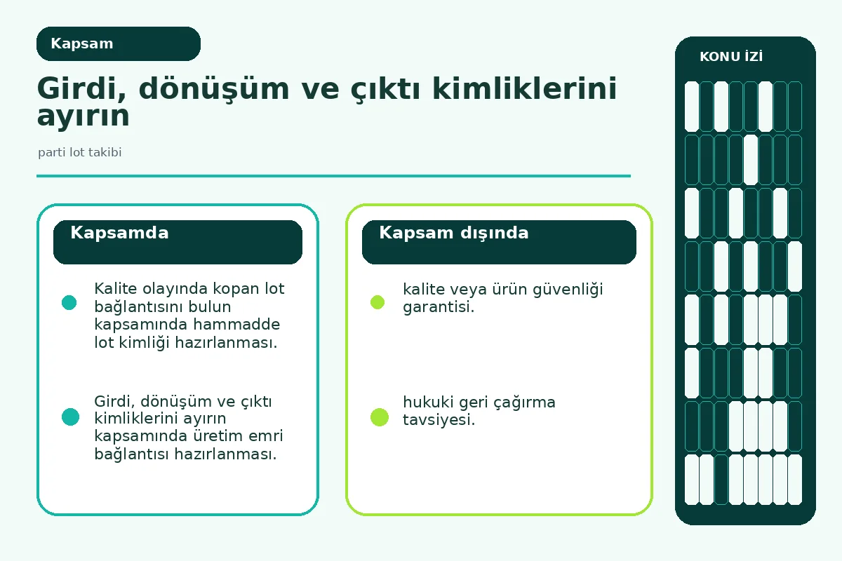 parti lot takibi: 7 güvenli izlenebilirlik adımı 2 girdi, dönüşüm ve çıktı kimliklerini ayıran veri şeması.
