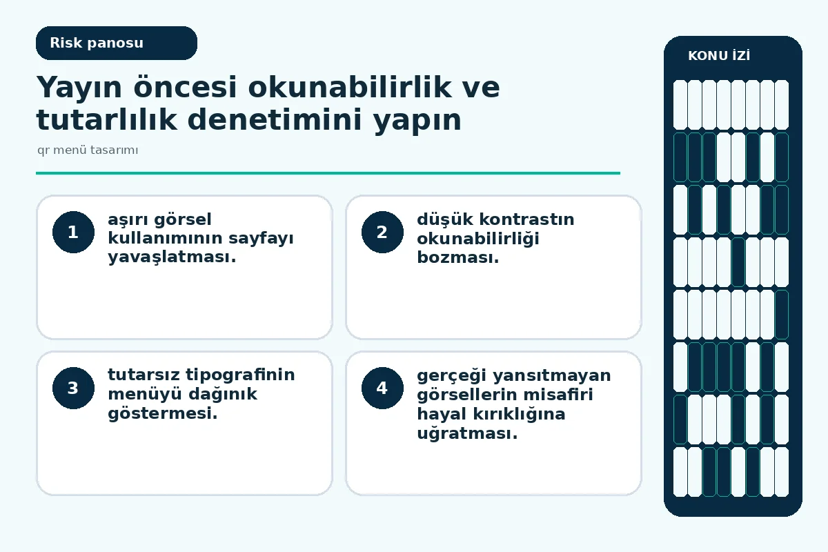 Restoranınız İçin 7 Etkili qr menü tasarımı İpucu 5 Inline risk: düşük kontrast ve dağınık tipografi hatalarını gösteren örnek.
