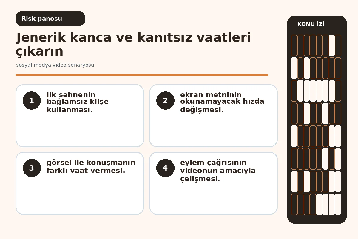 jenerik kanca ve kanıtsız vaatleri işaretleyen senaryo incelemesi.
