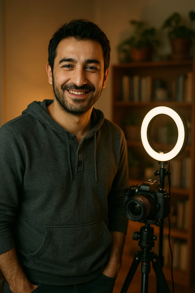 Video prodüktörü kamera ve ring ışığın yanında gülümsüyor
