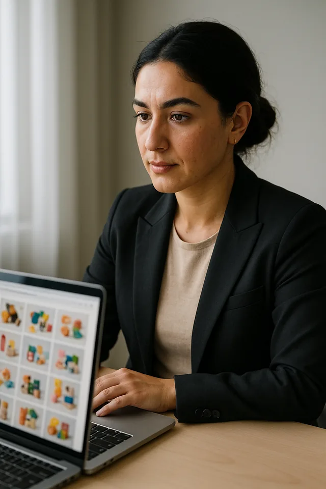 E-ticaret içerik lideri dizüstü bilgisayarında ürün görsellerine bakıyor