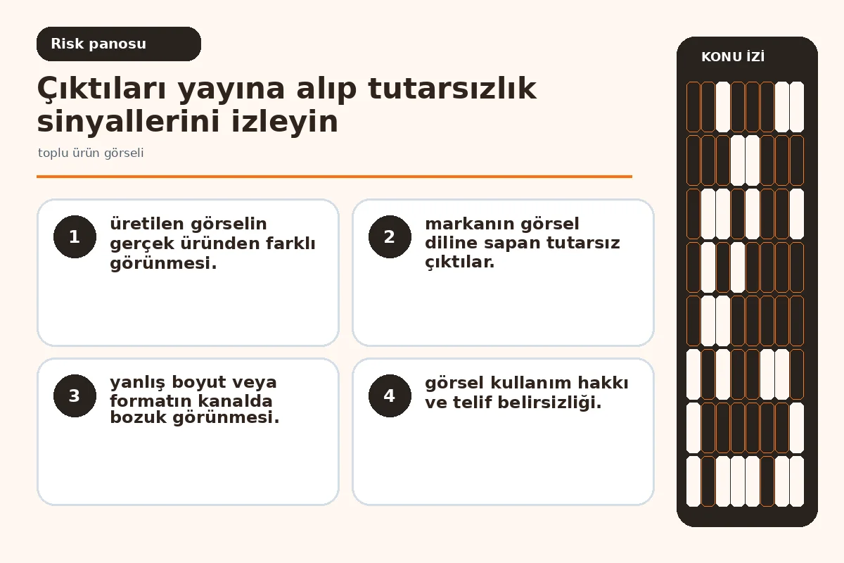 7 Adımda Etkili toplu ürün görseli Yönetimi: Pratik 5 Tutarsız ve markadan sapan çıktı risklerini vurgulayan karşılaştırma görseli.