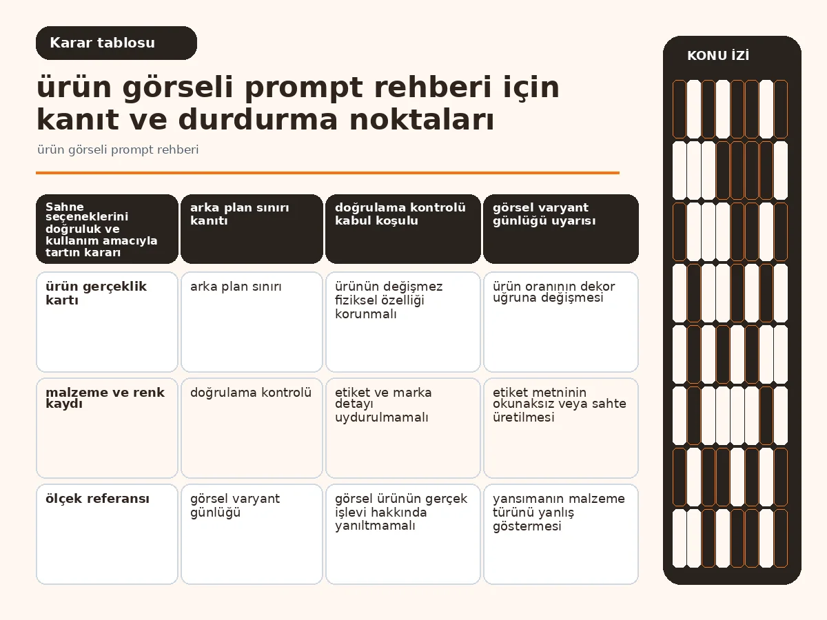 ürün görseli prompt rehberi: 7 Güvenli Teslim 4 doğruluk, kanal uyumu ve yaratıcı özgürlüğü karşılaştıran sahne tablosu.