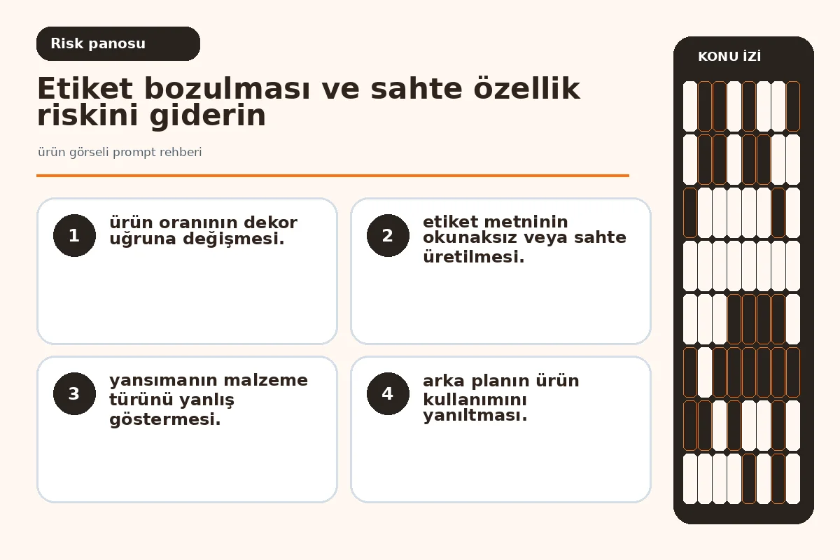 ürün görseli prompt rehberi: 7 Güvenli Teslim 5 bozuk etiket ve değişmiş ürün oranını gösteren kalite incelemesi.