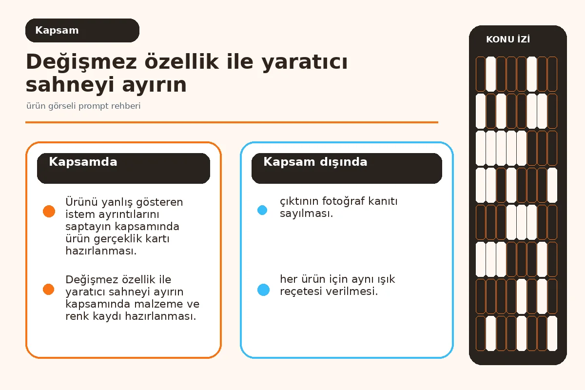 ürün görseli prompt rehberi: 7 Güvenli Teslim 2 değişmez malzeme, oran ve etiket sınırlarını gösteren ürün şeması.