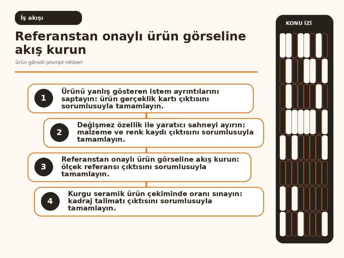 ürün görseli prompt rehberi: 7 Güvenli Teslim 3 referans görselden insan doğrulamasına uzanan üretim akışı.
