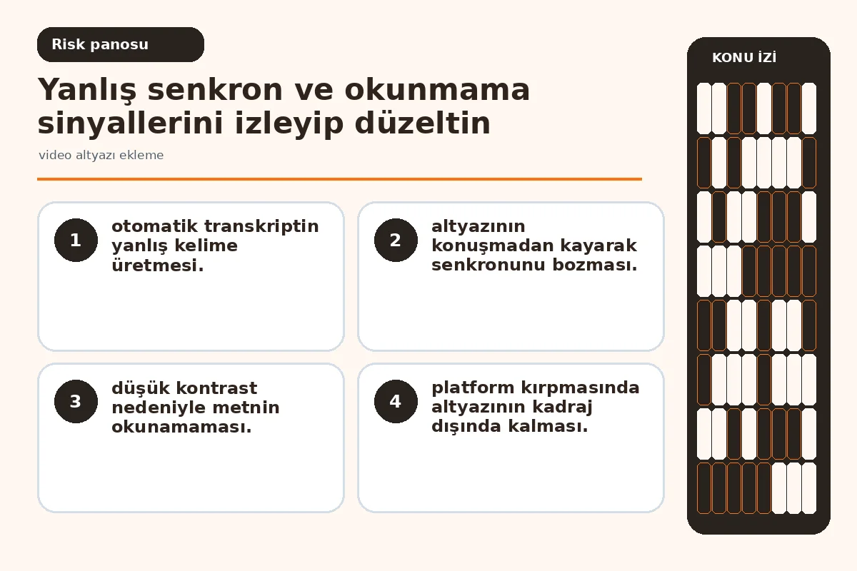 7 Adımda Etkili video altyazı ekleme: Pratik Rehberiniz 5 Senkron kayması ve düşük kontrast risklerini gösteren uyarı görseli.