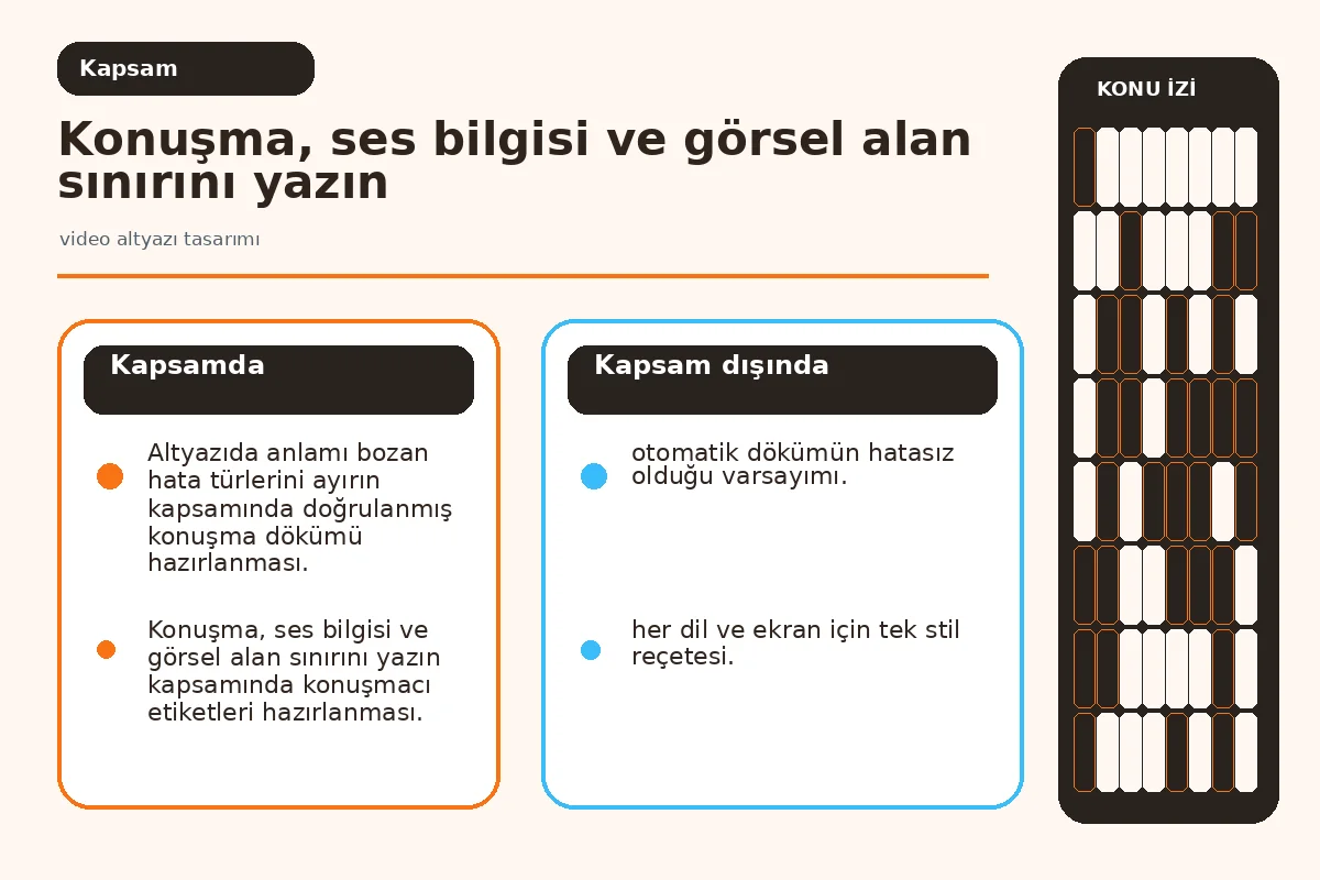 video altyazı tasarımı için 7 güvenli uygulama 2 konuşmacı, ses bilgisi ve güvenli alan katmanlarını ayıran tasarım şeması.