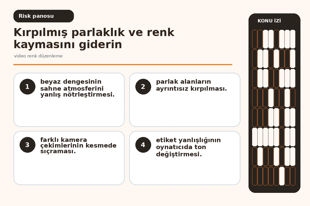 kırpılmış parlaklık ve yanlış renk etiketi uyarılarını gösteren kalite ekranı.