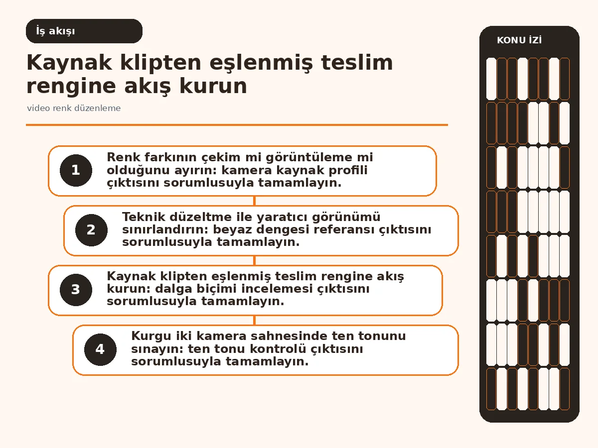 kaynak klipten doğrulanmış dışa aktarmaya uzanan düzenleme akışı.