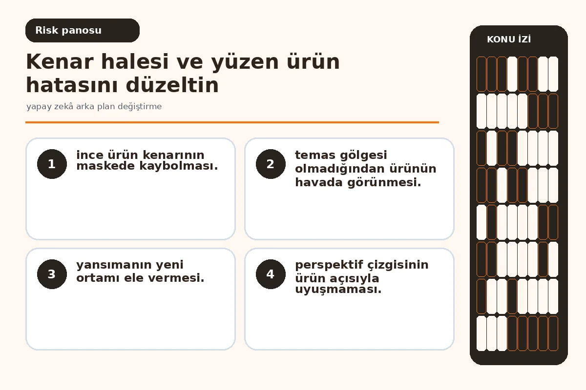 yapay zekâ arka plan değiştirme: 7 Güvenli Adım 5 kenar halesi ve yüzen ürün hatasını gösteren kalite ekranı.