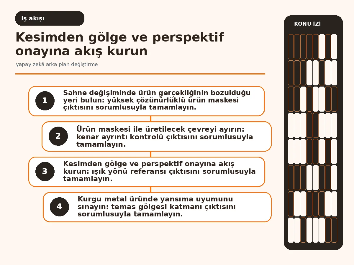 yapay zekâ arka plan değiştirme: 7 Güvenli Adım 3 kesimden insan onaylı katalog varyantına uzanan düzenleme akışı.
