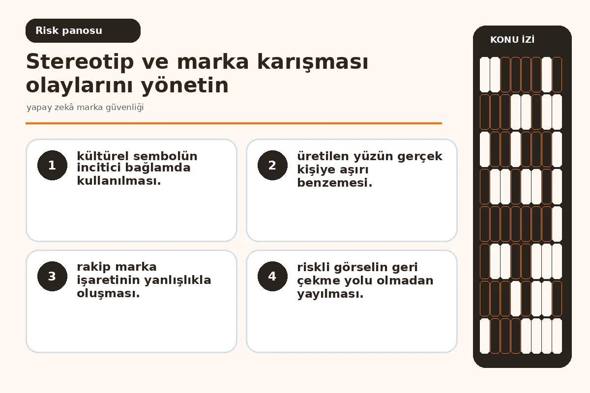 Yapay zekâ marka güvenliği: 7 Güçlü Kontrol Türü 5 stereotip ile rakip işaret benzerliğini gösteren olay ekranı.