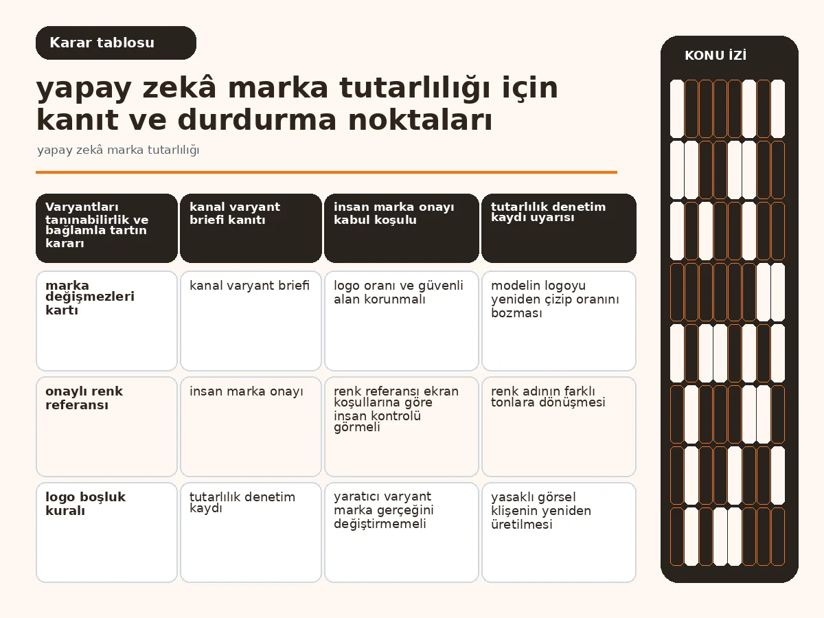 Yapay Zekâ Marka Tutarlılığı İçin 7 Güvenli Kural 4 tanınabilirlik, bağlam ve hata riskini karşılaştıran varyant tablosu.