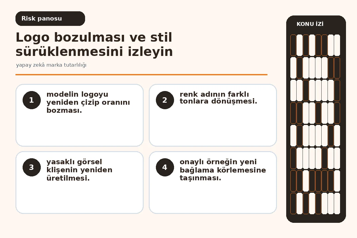 Yapay Zekâ Marka Tutarlılığı İçin 7 Güvenli Kural 5 bozuk logo ile renk sürüklenmesini gösteren denetim ekranı.