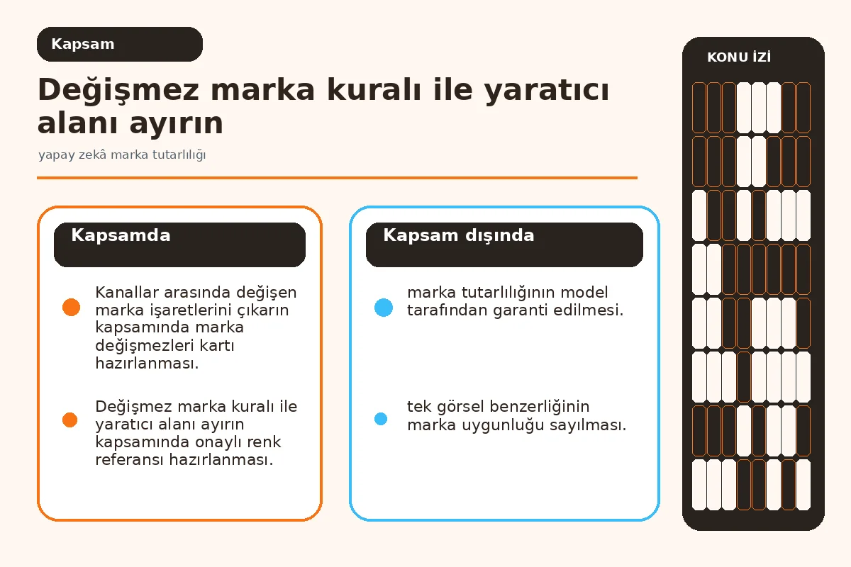 Yapay Zekâ Marka Tutarlılığı İçin 7 Güvenli Kural 2 logo, renk ve fotoğraf dili sahipliğini gösteren marka haritası.