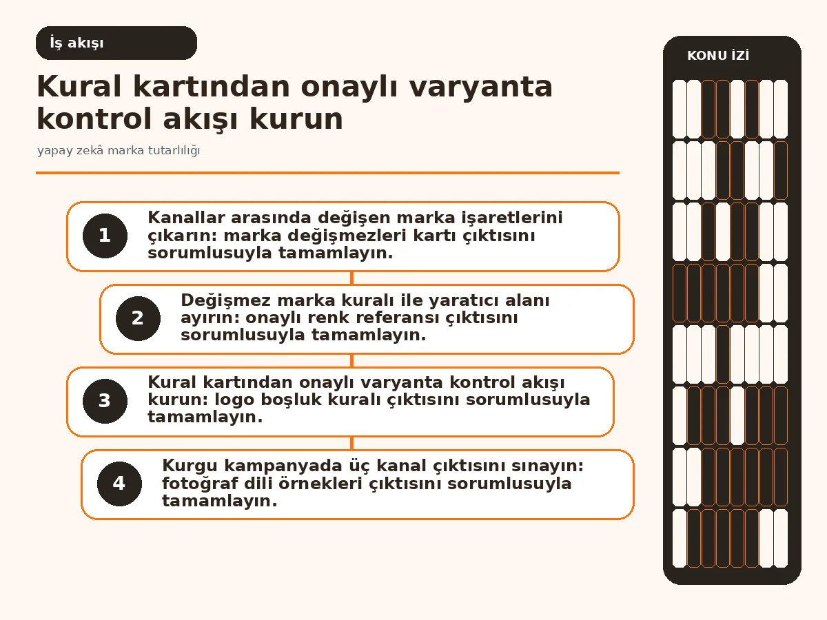 Yapay Zekâ Marka Tutarlılığı İçin 7 Güvenli Kural 3 kural kartından üç kanal onayına uzanan kontrol akışı.